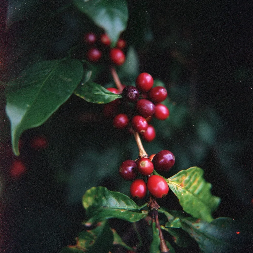 A cinematic film photography shot of a coffee cherry tree branch with ripening coffee berries.