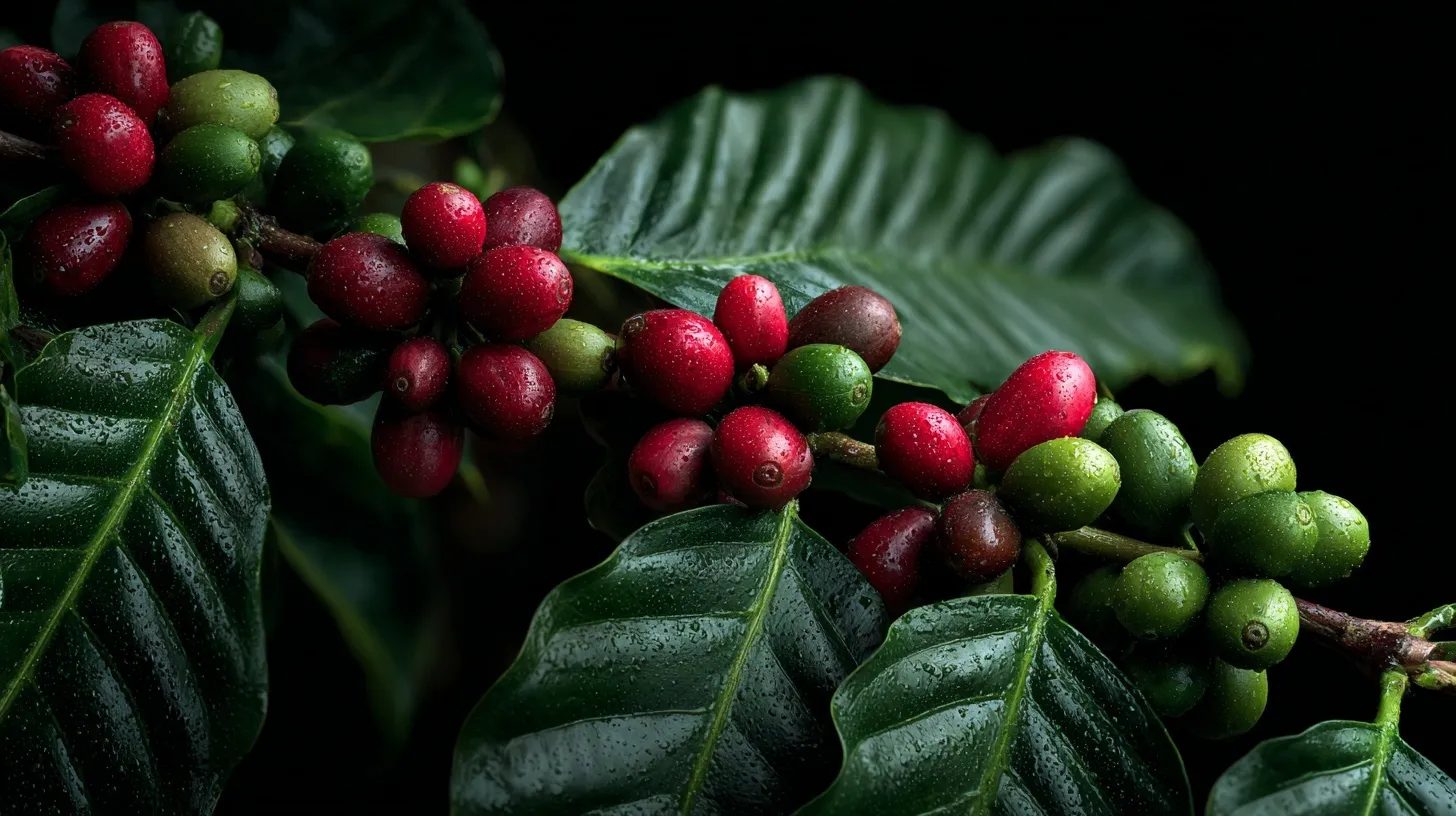 A coffee cherry tree branch with vibrant red and green coffee beans and lush leaves against a dark background.