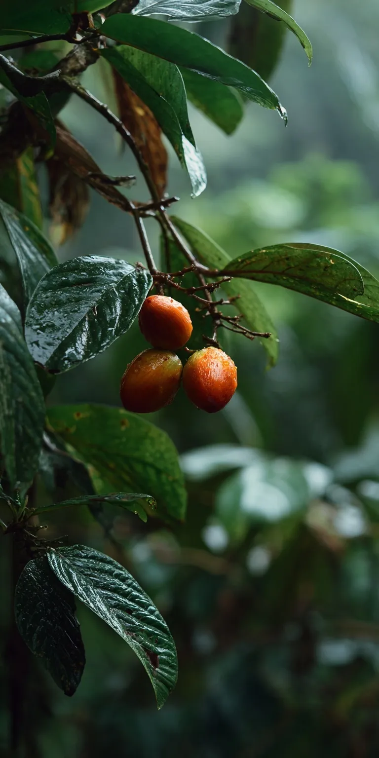 A detailed close-up of ripe red coffee cherries growing on a lush green branch in a tropical jungle environment.