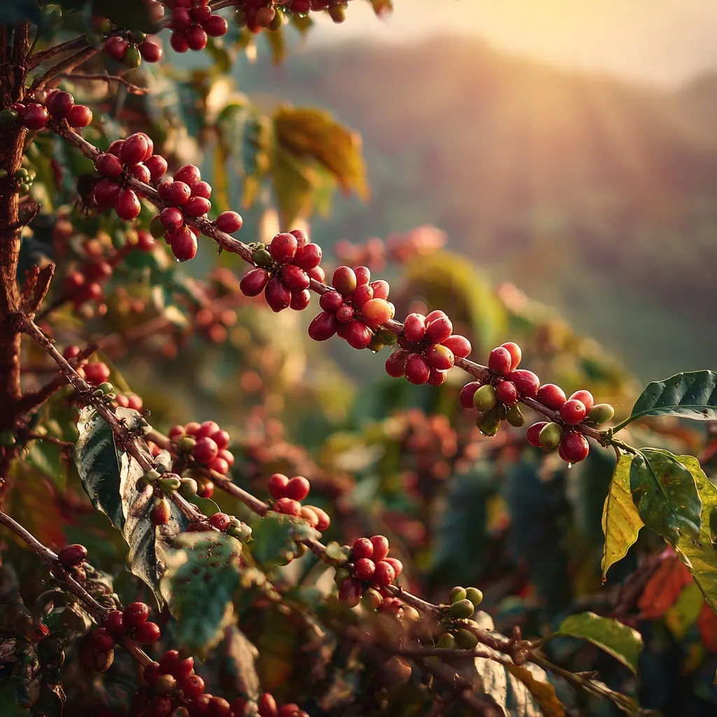 Coffee cherry tree branch with red fruits in a sunny plantation at sunrise, high-definition professional photo.