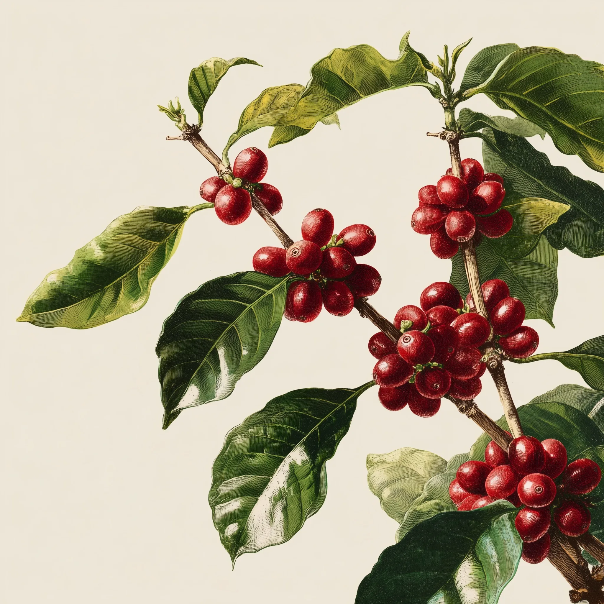 A realistic coffee cherry tree branch with red coffee berries isolated on a white background, natural lighting.