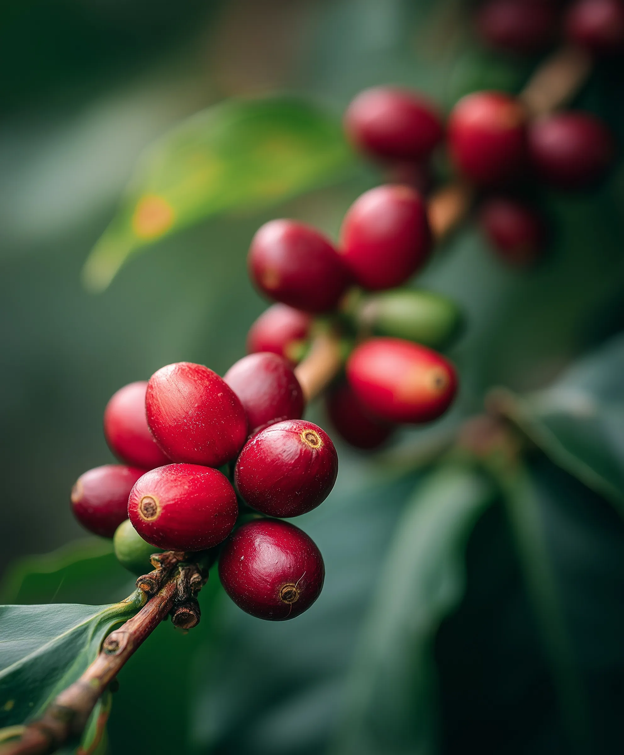 Macro close-up of vibrant red ripe coffee cherries growing on a green coffee tree branch.