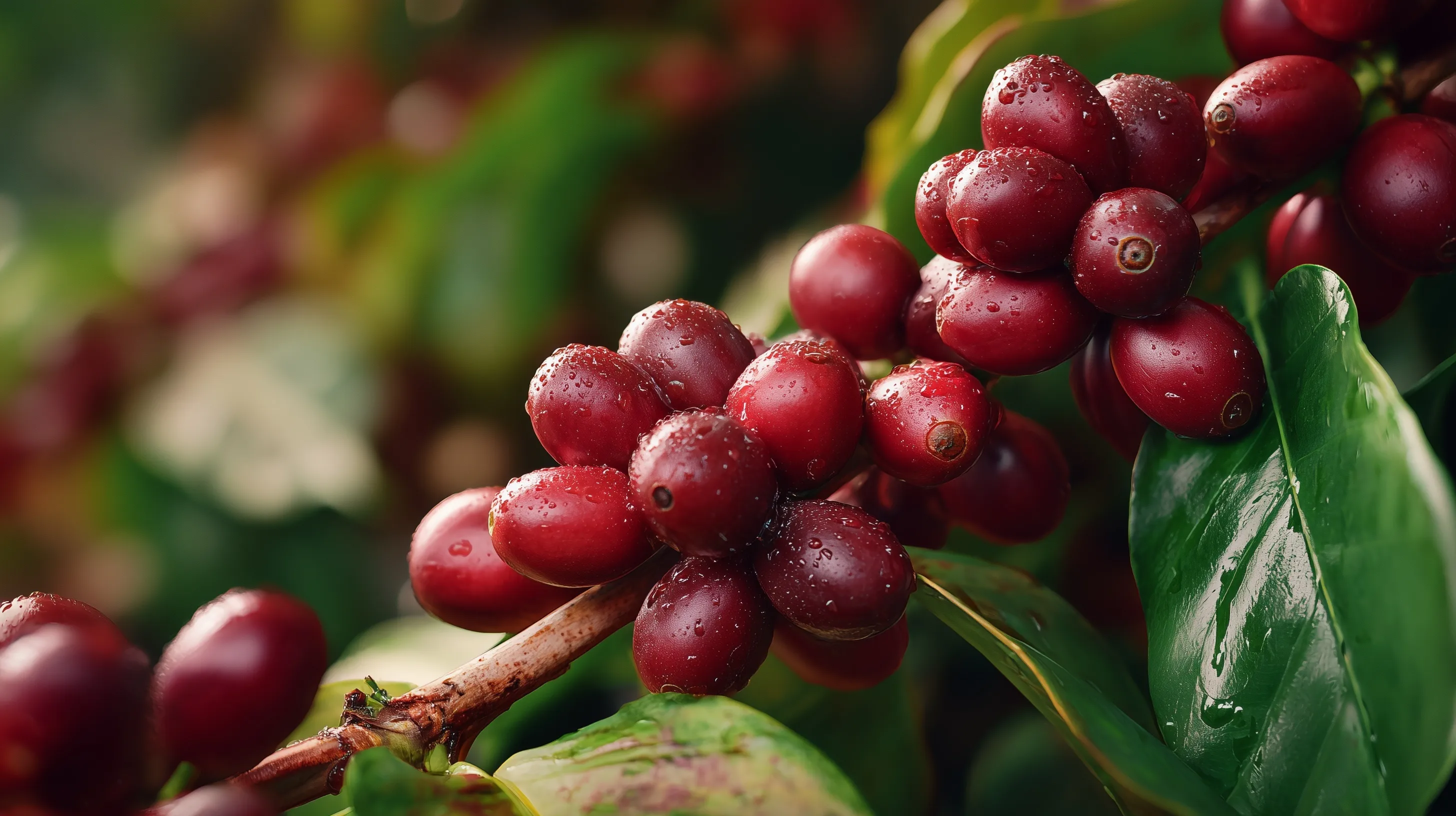 A realistic close-up of vibrant red coffee cherries ripening on a lush green branch of a coffee tree.