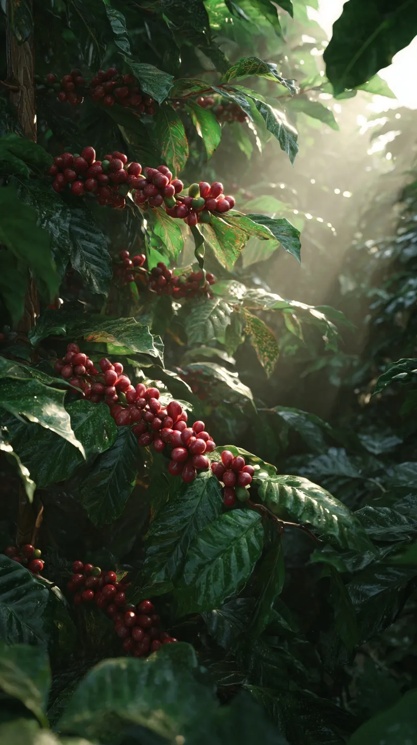 Lush Saudi Arabian coffee farm branch with vibrant green leaves and ripe red coffee cherries in sunlight.