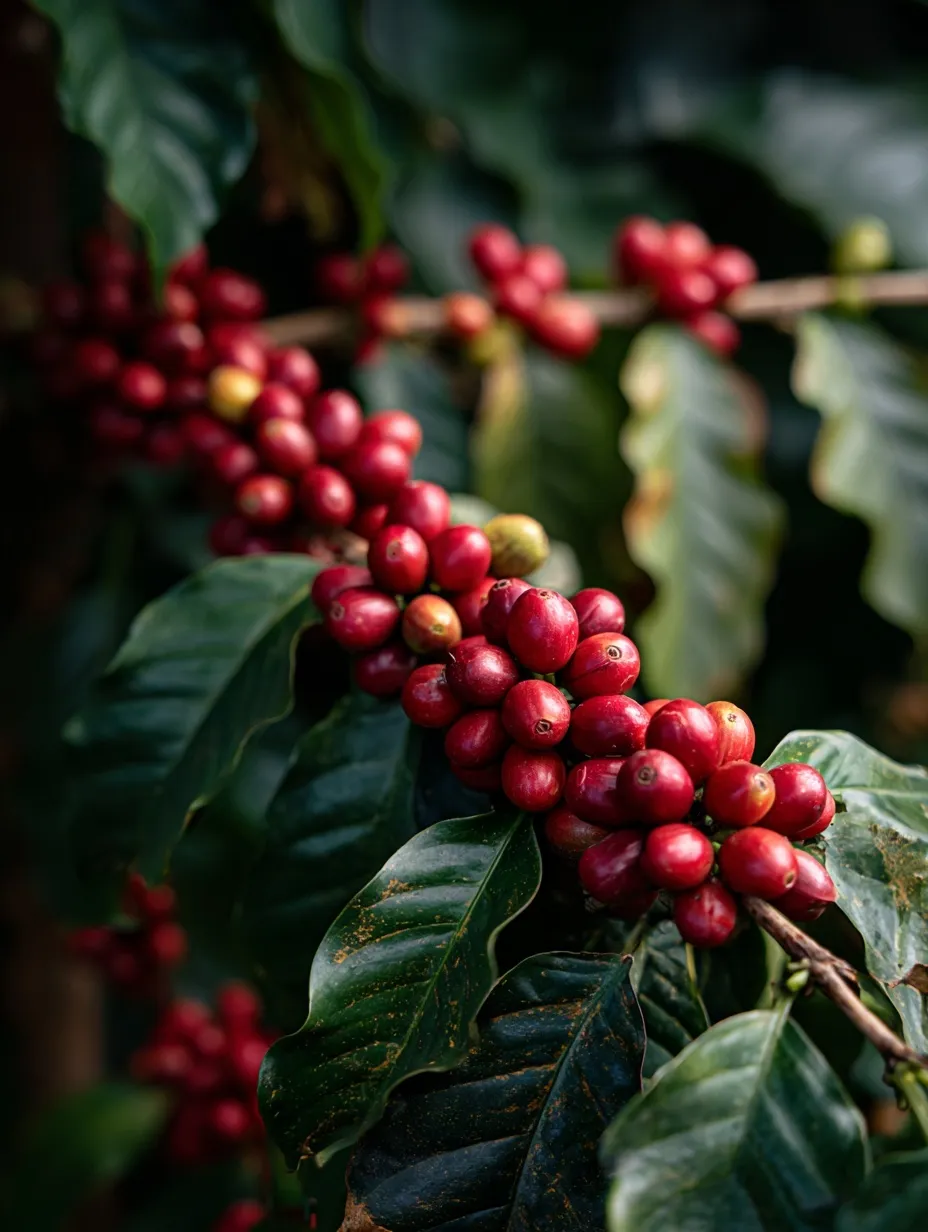 A vibrant coffee cherry tree branch with ripe red coffee fruits growing on a green shrub in natural light.