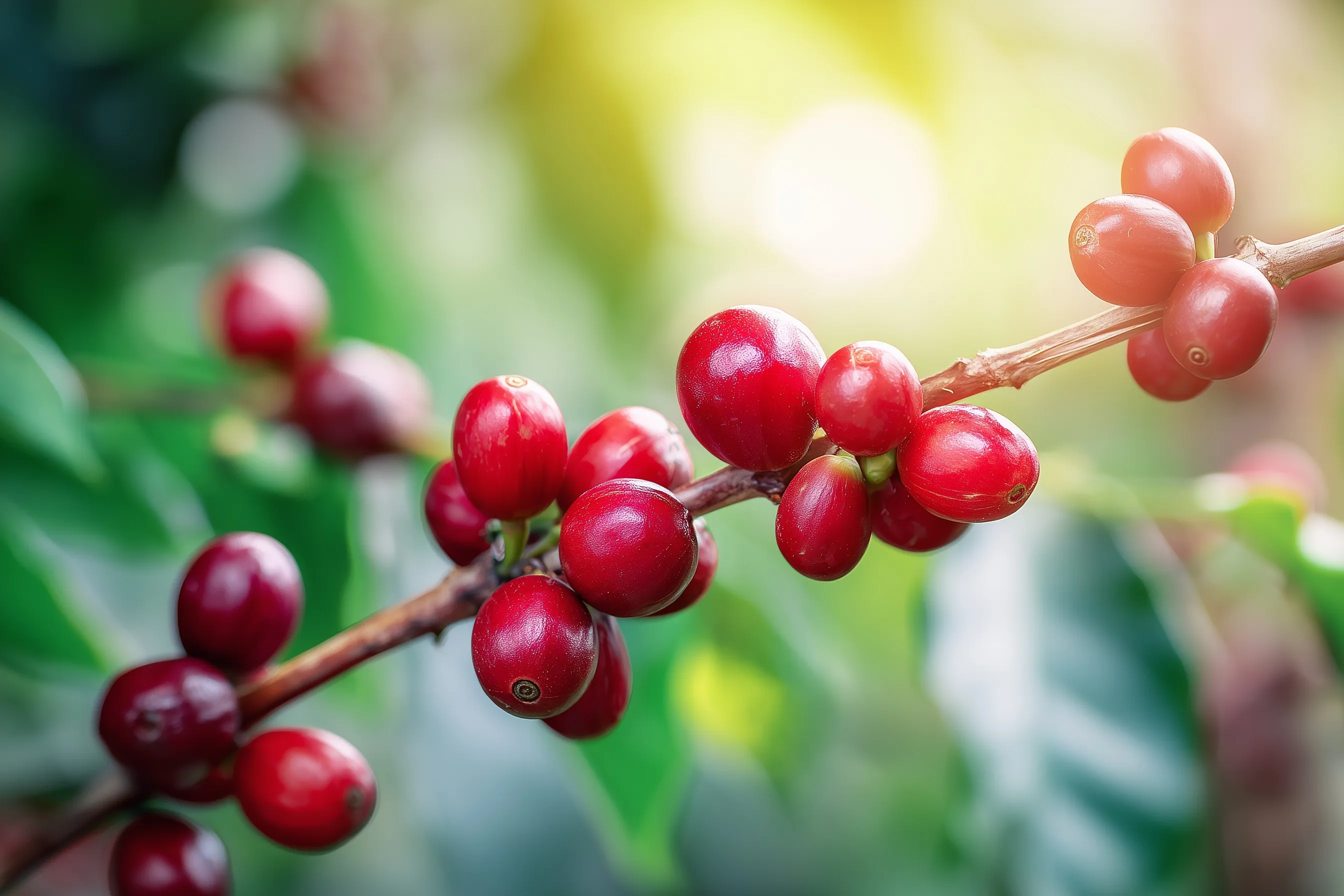 Ripe red coffee cherries growing on a green tree branch with cinematic lighting and a blurred background.