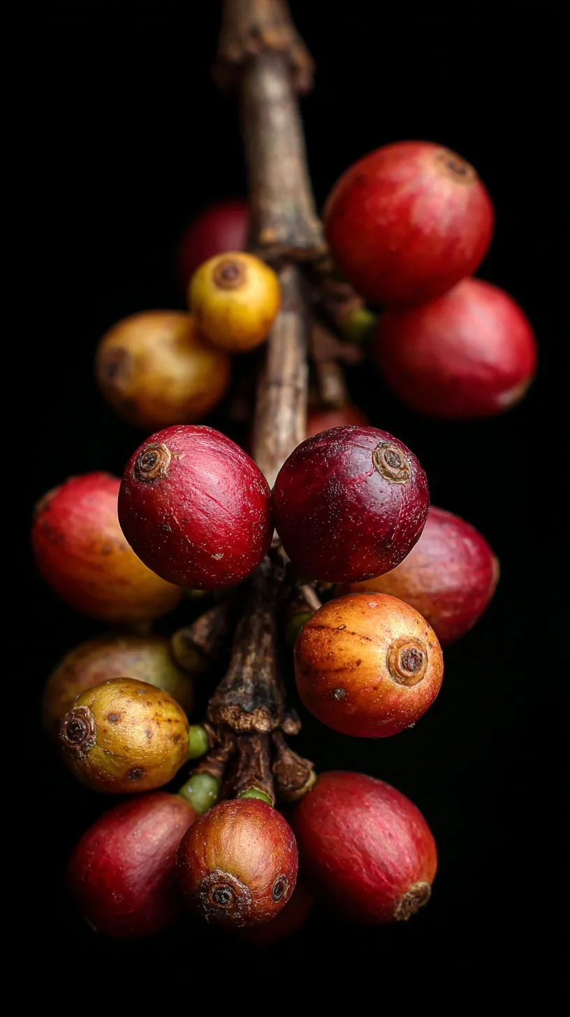 A close-up of a coffee cherry tree branch with vibrant red coffee fruit berries ready for harvest.