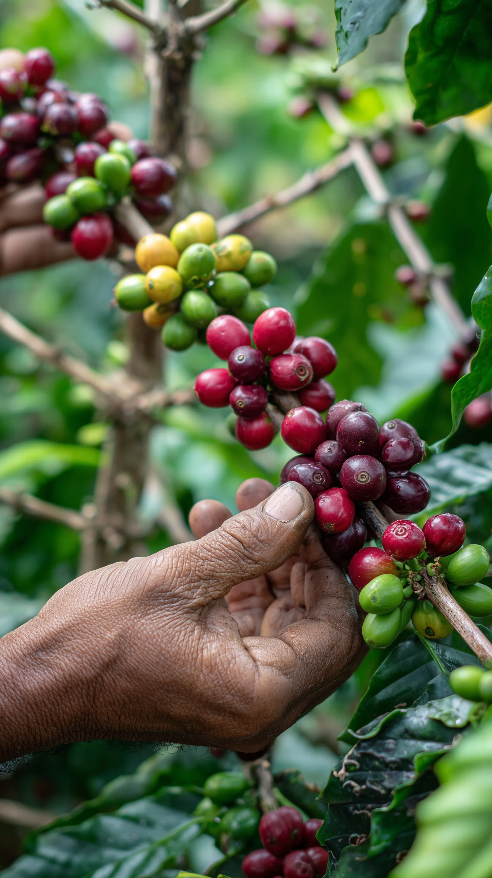 A worker harvesting coffee cherries from a branch in the Andes mountains with red, yellow, and green coffee fruit.