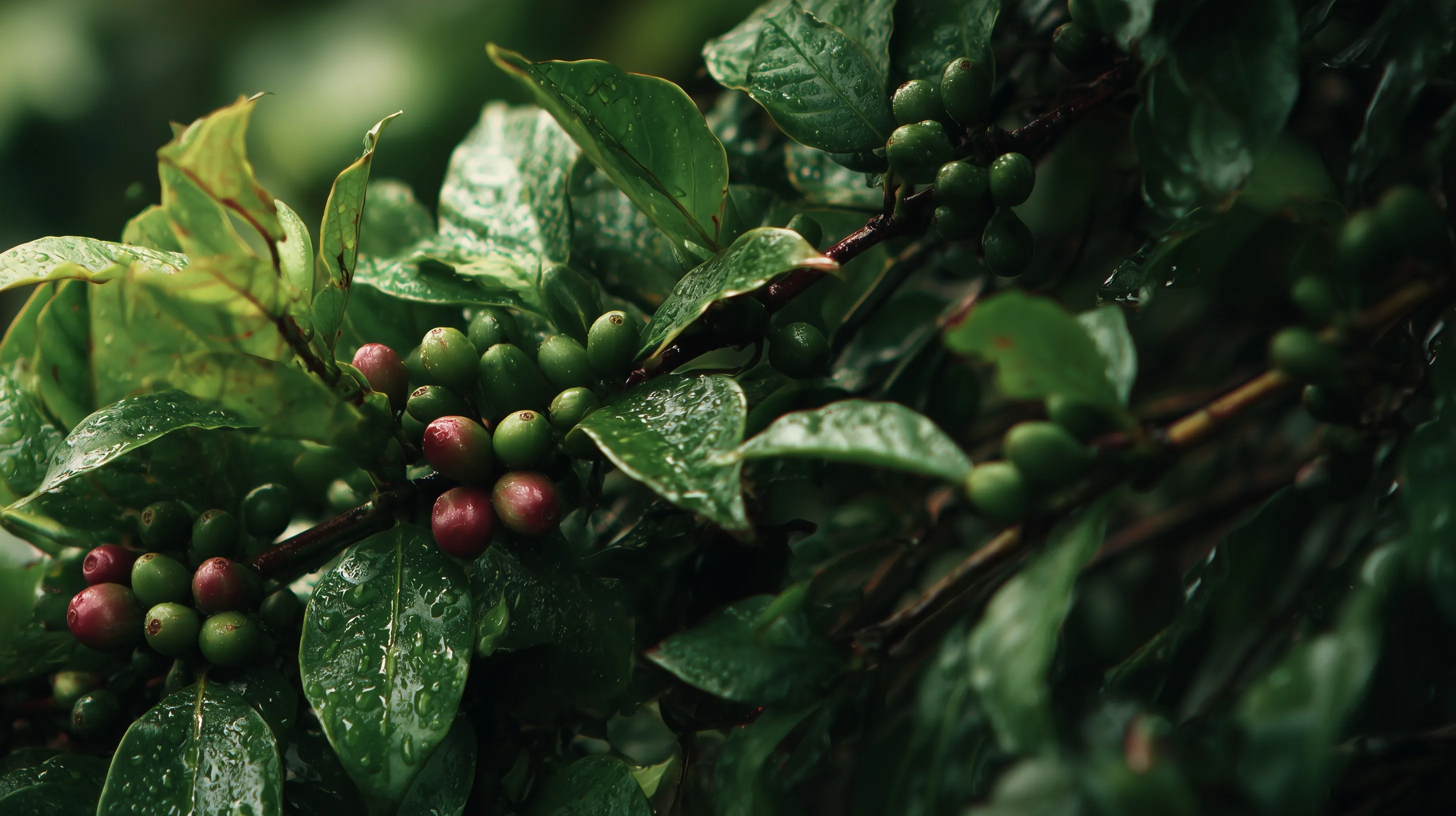 Close up of a lush coffee cherry tree branch with ripening red berries in a tropical plantation.