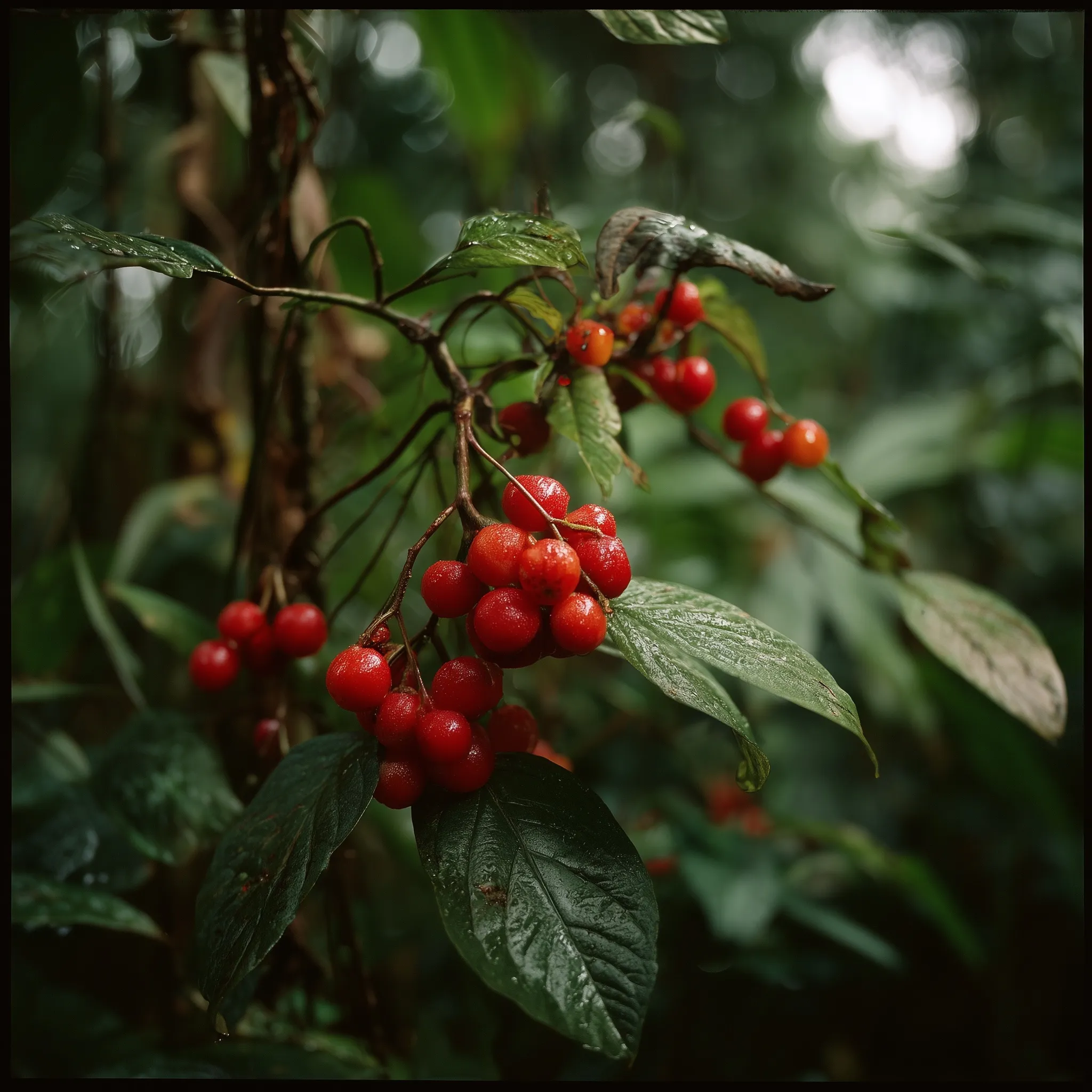 A vibrant guarana coffee cherry tree branch with ripe red fruit growing in the lush Amazon rainforest.