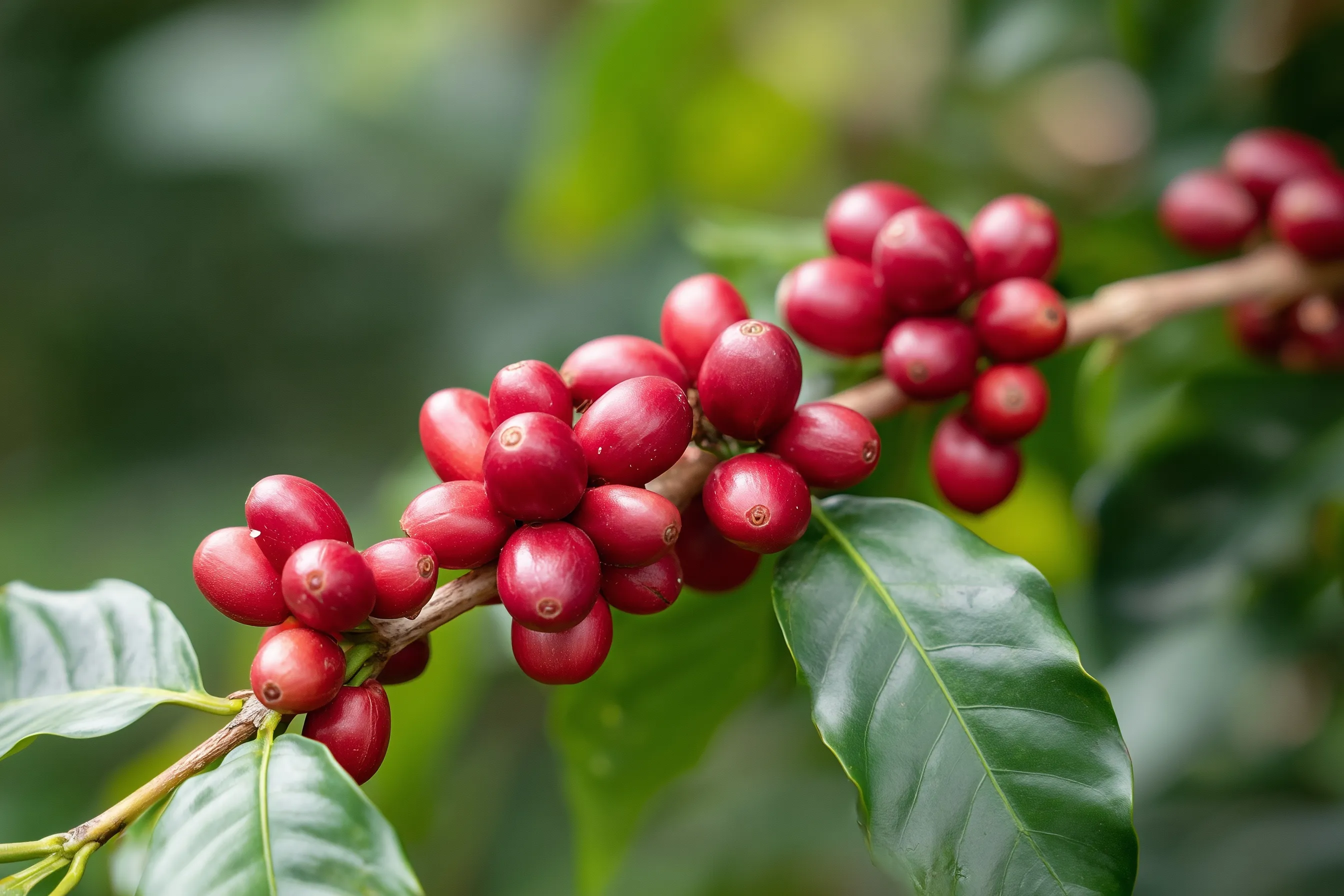 Close-up of glossy red ripe coffee cherries on a branch, ready for harvest in a coffee plantation.