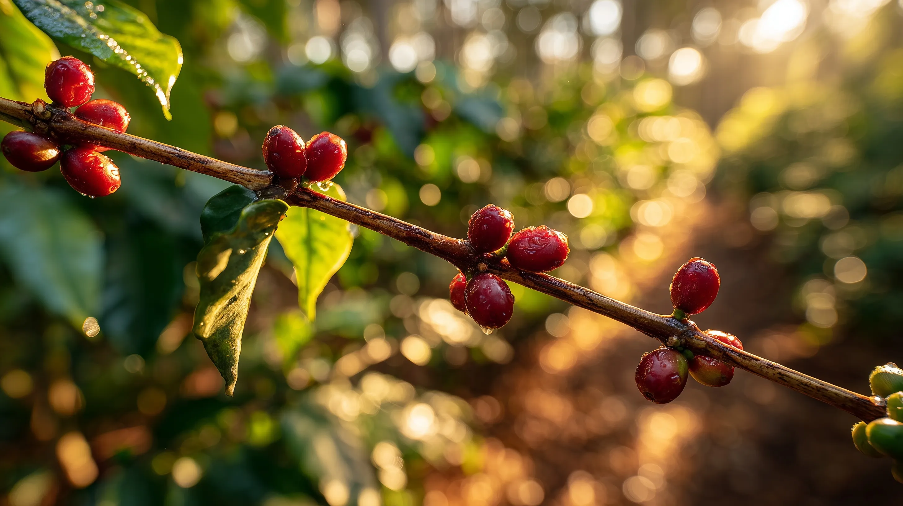 Macro photo of a Coffea arabica branch with dew-covered red coffee cherries and green leaves in golden morning light.