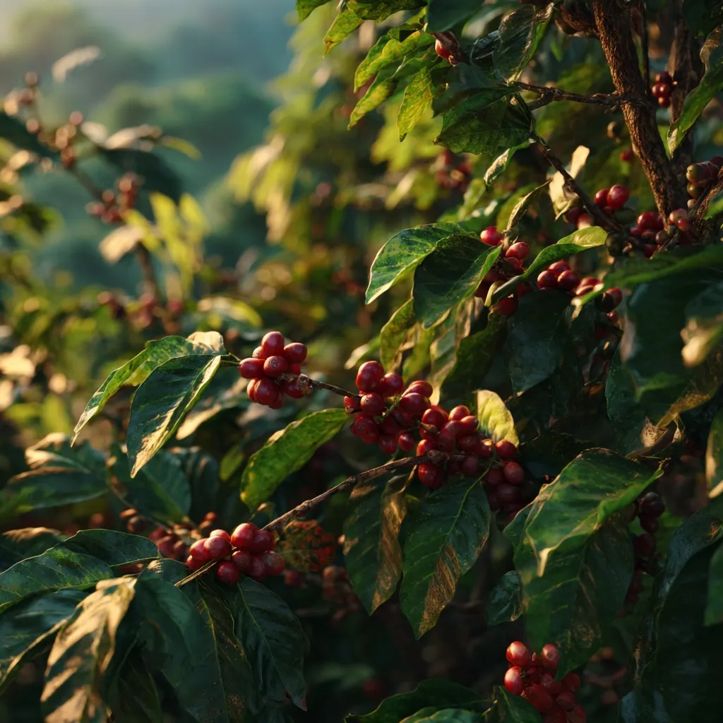 A lush coffee cherry tree branch with glossy green leaves and ripe red coffee cherries in soft morning sunlight.