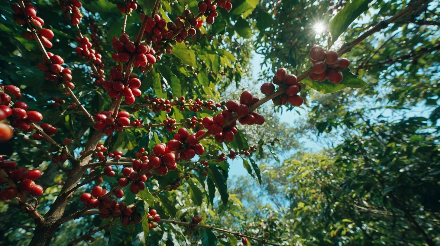 Lush coffee cherry tree branch with ripe red berries in a sunny plantation, film aesthetic style.