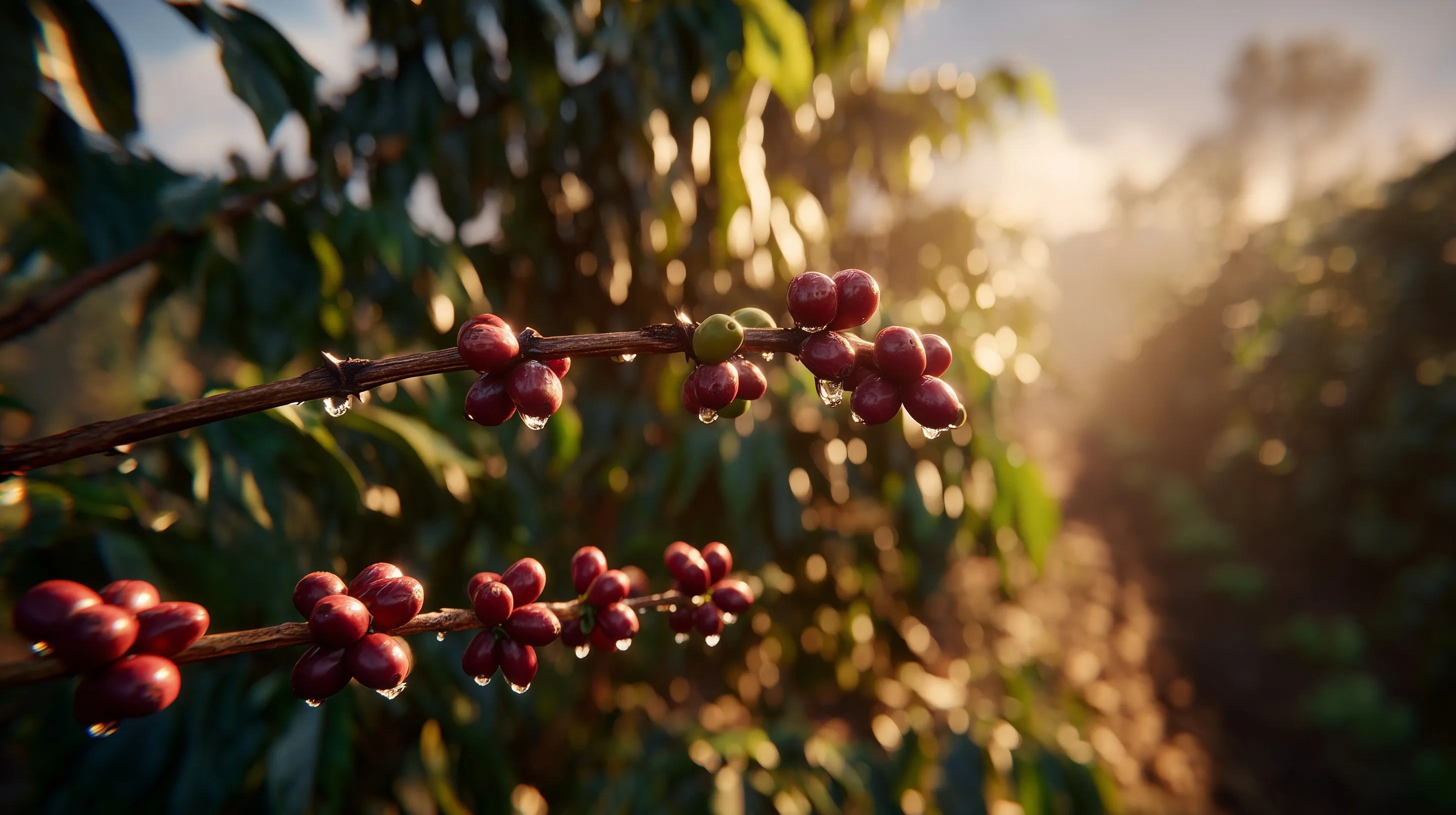 Coffea arabica branch with ripe red coffee cherries and green leaves against a warm, out-of-focus amber bokeh.