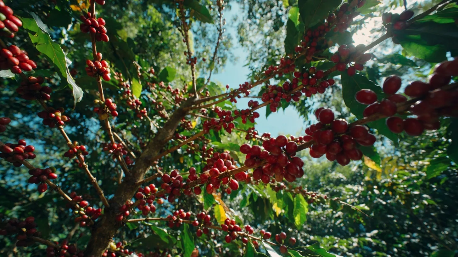 Lush coffee tree branch with ripe red coffee cherries in a sunlit plantation, film aesthetic style.
