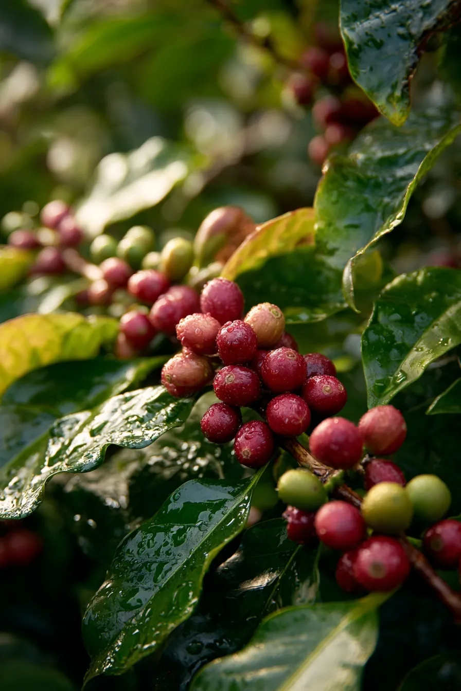 A close-up of a lush Arabica coffee cherry tree branch with ripe red coffee berries and green leaves.