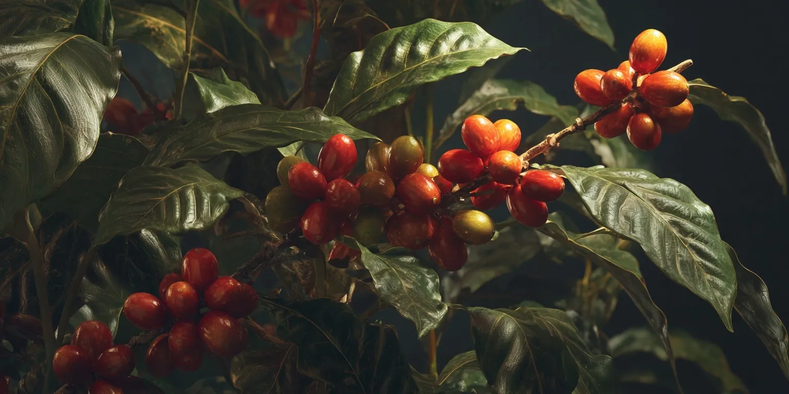 Macro close-up of a coffee cherry tree branch with vibrant red coffee berries and green leaves.