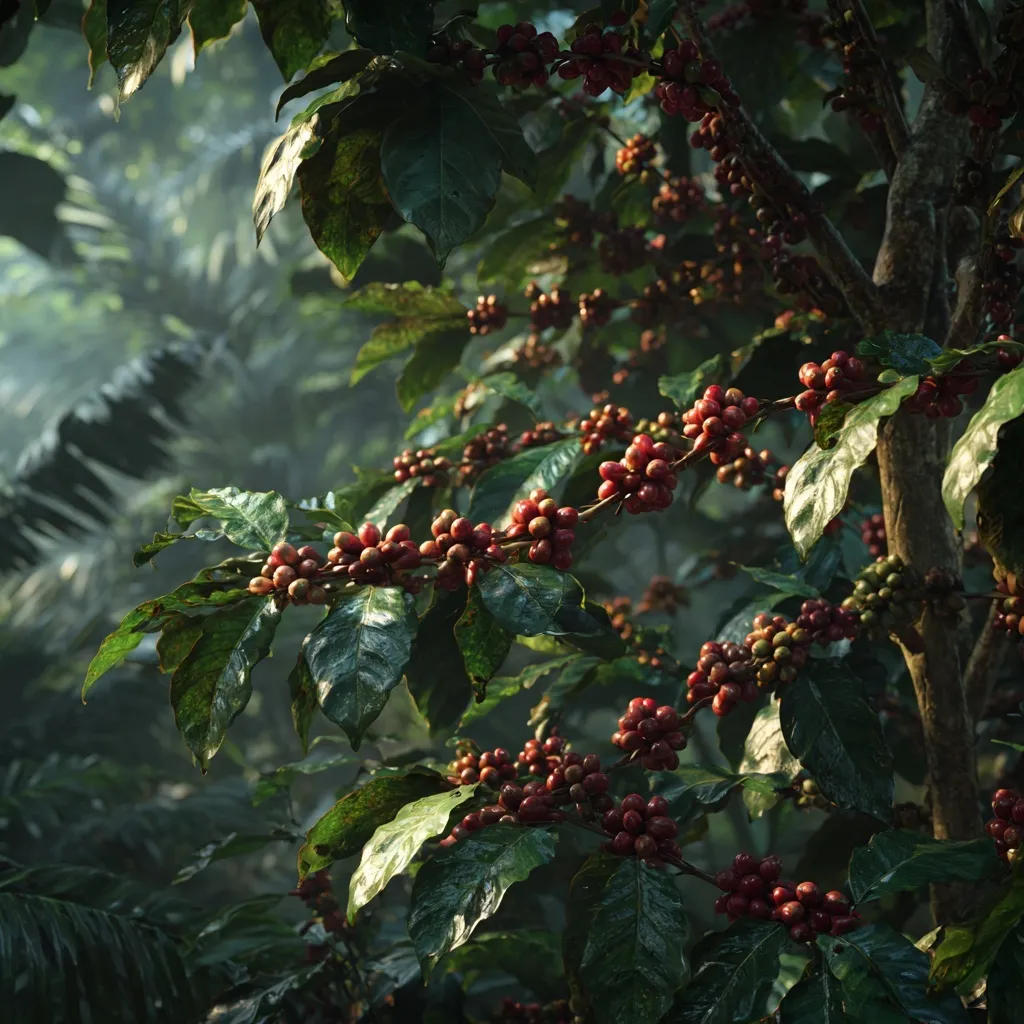 A rare Liberica coffee tree with large red cherries and dark green leaves in a misty tropical rainforest.