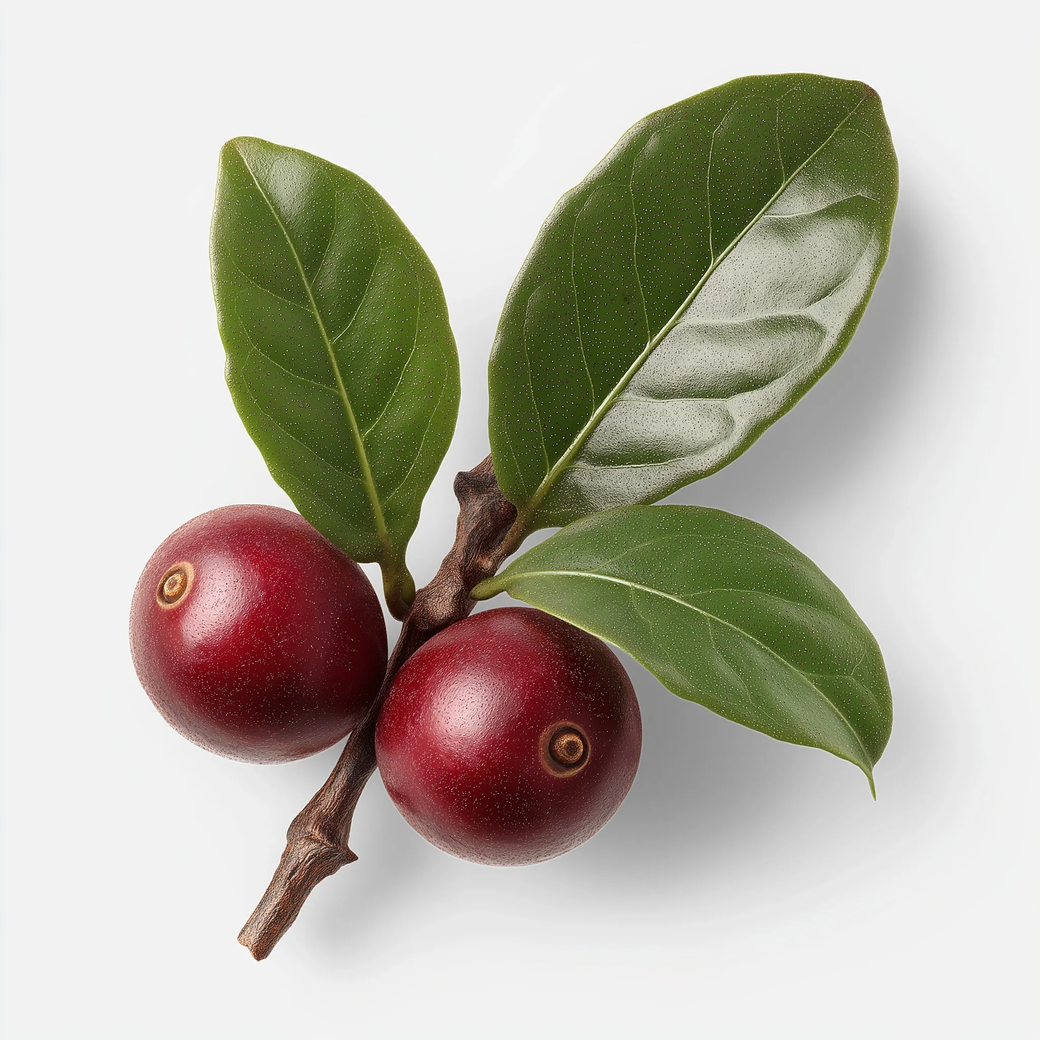 A realistic minimal coffee branch featuring two ripe red coffee cherries and coffee beans on a clean white background.