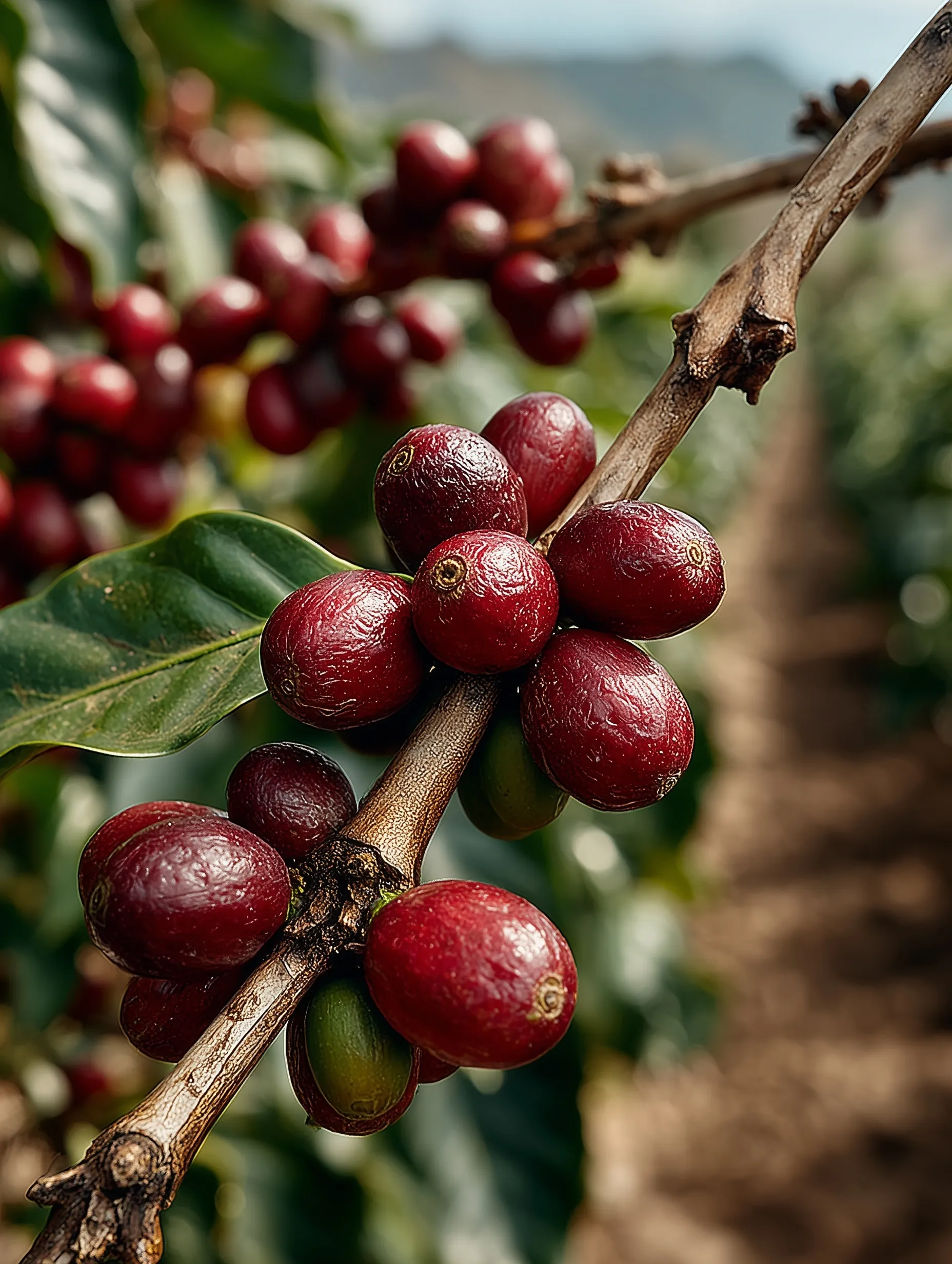Ripe red coffee cherries on a branch in a lush plantation during harvest season under warm natural daylight.