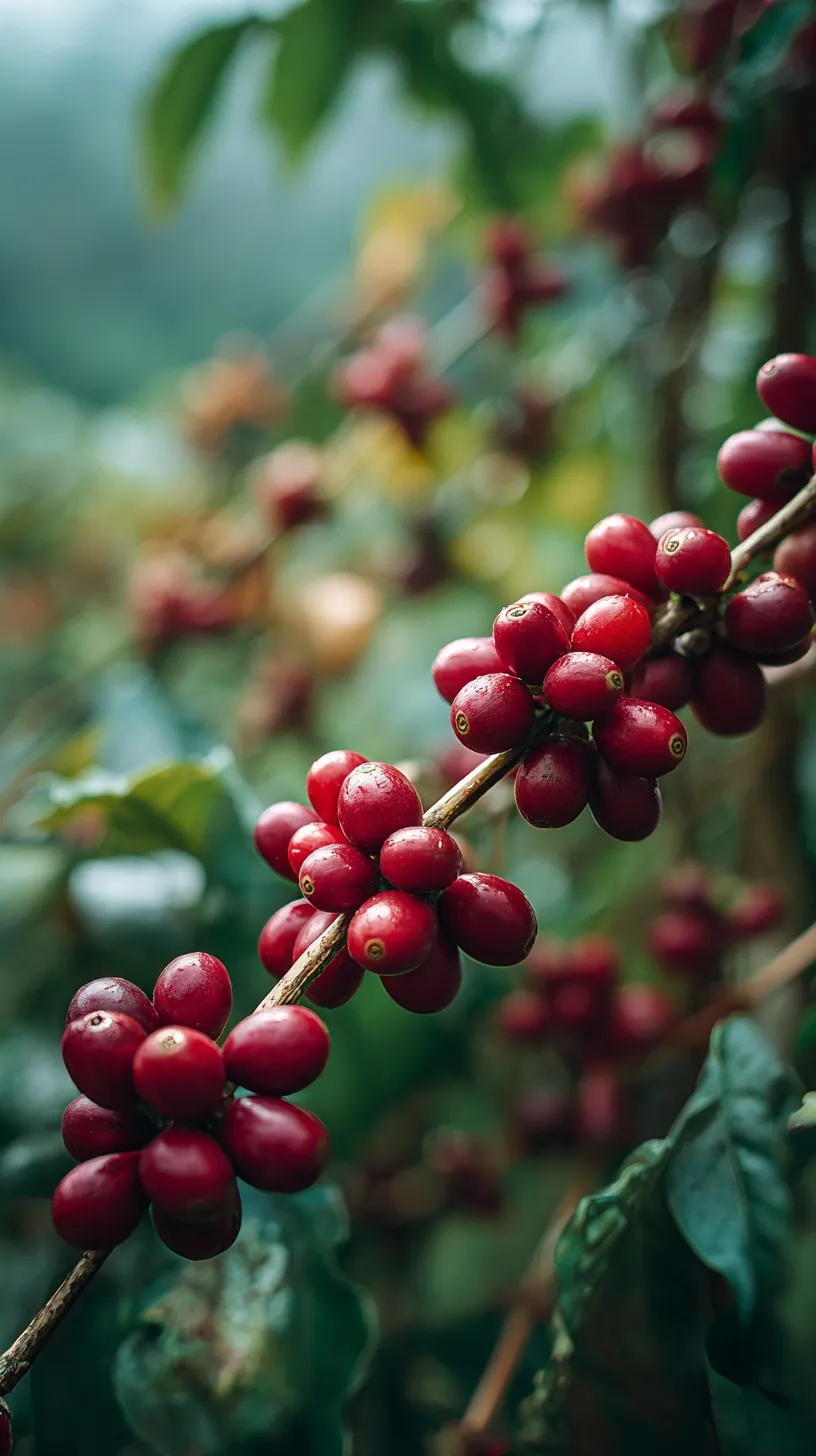 Macro shot of ripe red coffee cherries on a branch at a high-altitude Colombian coffee farm with morning mist.