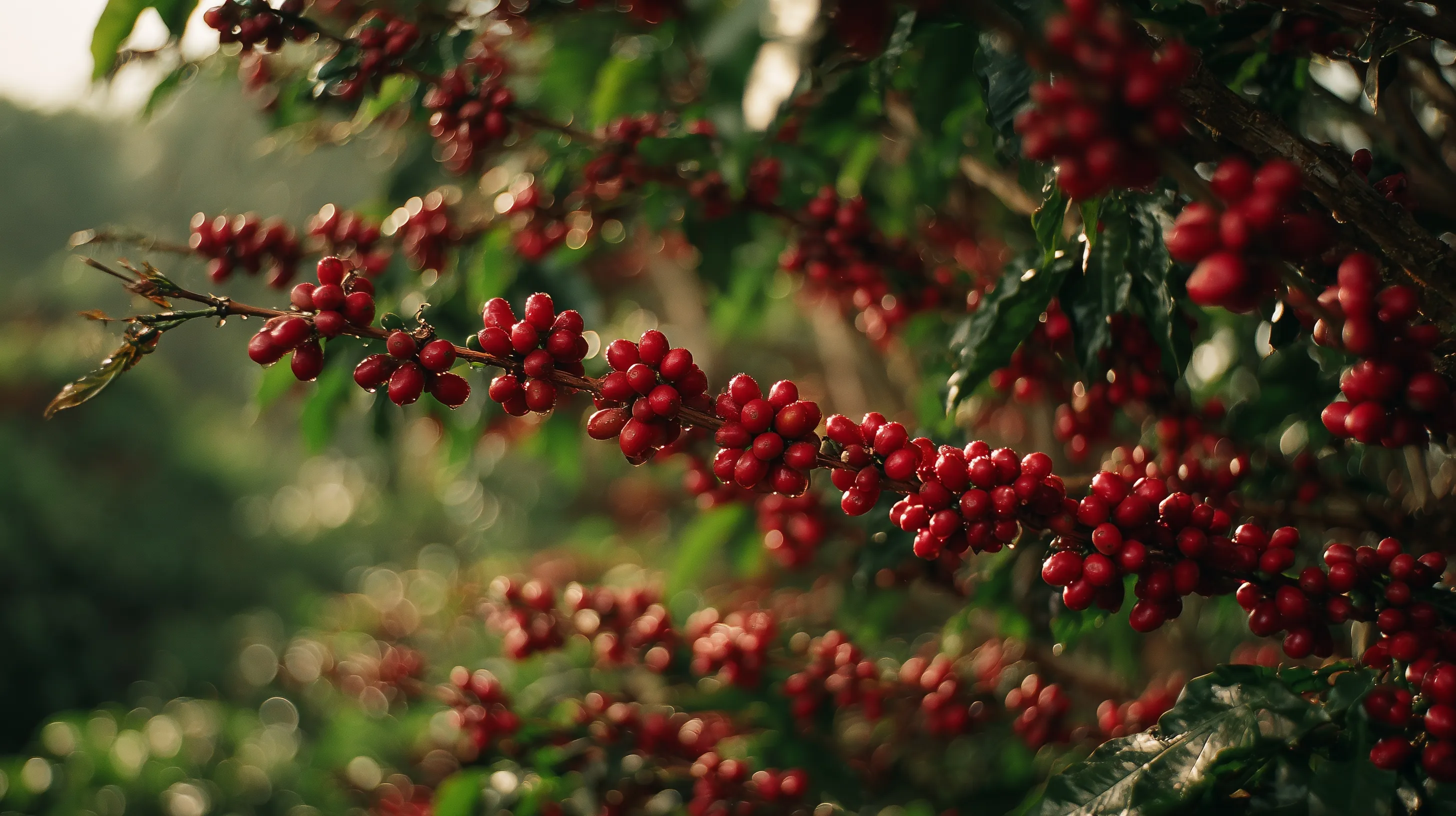 A mature coffee tree branch laden with ripe red cherries in warm sunrise light, cinematic 35mm film aesthetic.
