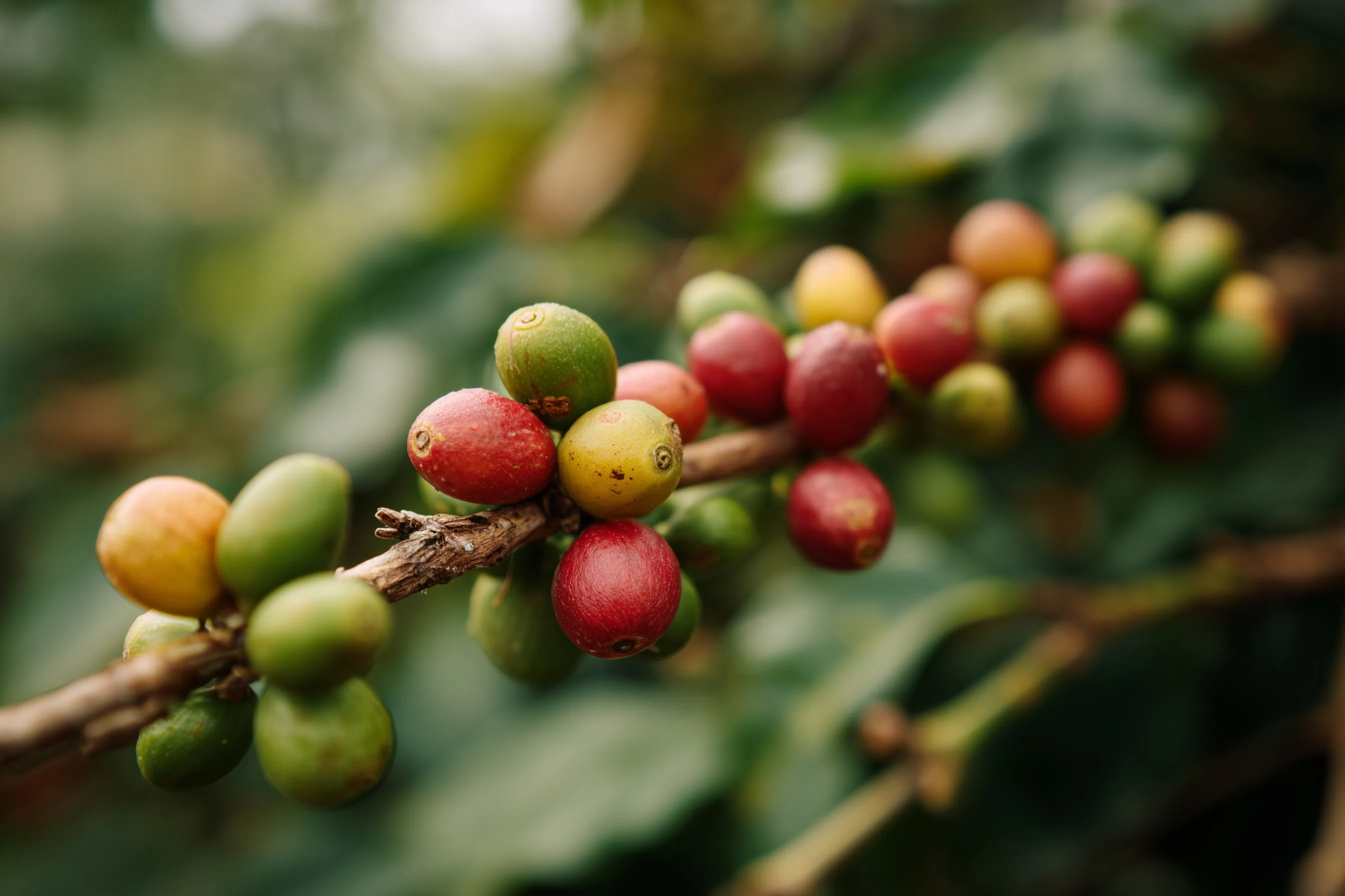 Close-up of coffee cherries in various stages of ripening from green to red and yellow on a lush coffee tree branch.