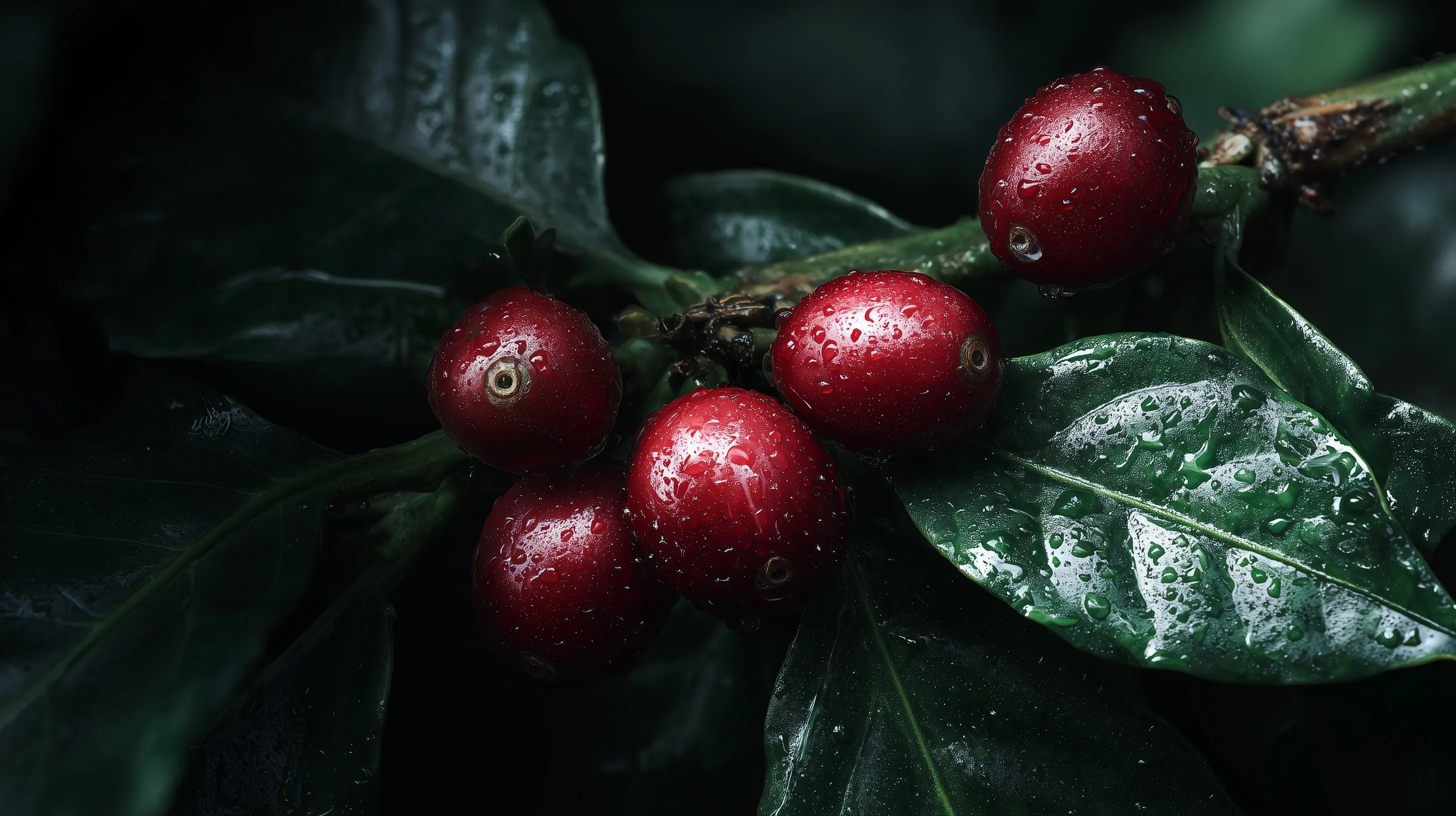 Macro close-up of ripe red coffee cherries on a leafy branch with water droplets and dramatic lighting.