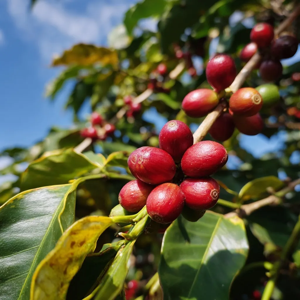 Arabica coffee cherries growing on a branch, viewed from below against a natural sky background.