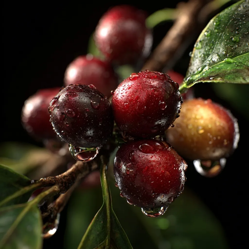 Fresh Arabica coffee cherry branch with water droplets on a plant.