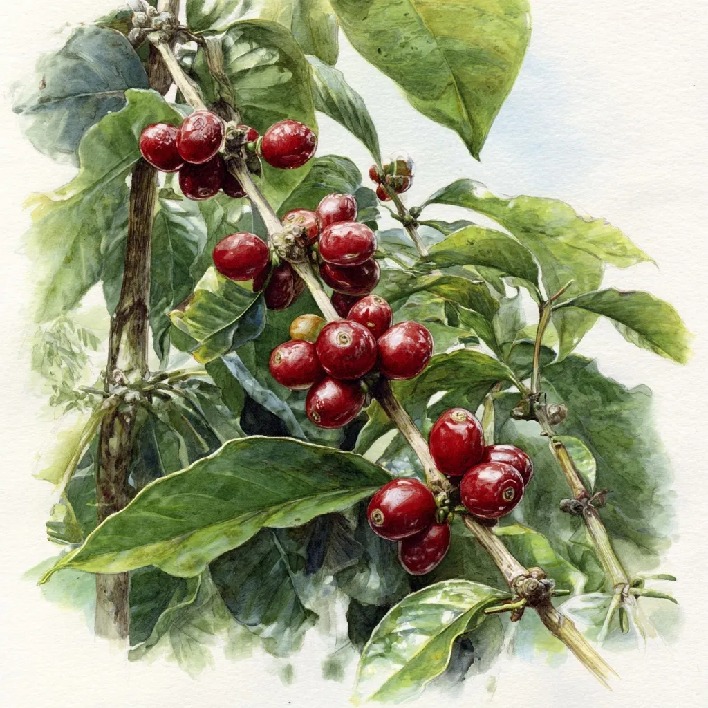 A beautiful watercolor painting of a coffee cherry tree branch growing in an idyllic field.