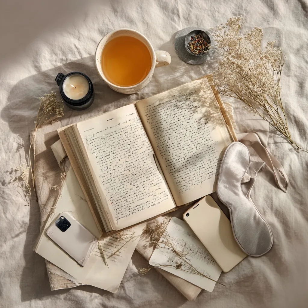 Flat lay of a cozy morning routine with an open journal, herbal tea, book, and candle on neutral linen background.