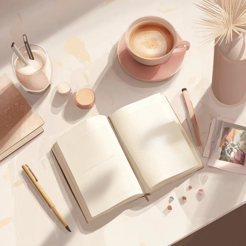 Flatlay vector of an open diary, coffee cup, and pen on a desk with morning sunlight, perfect for lifestyle blogs.