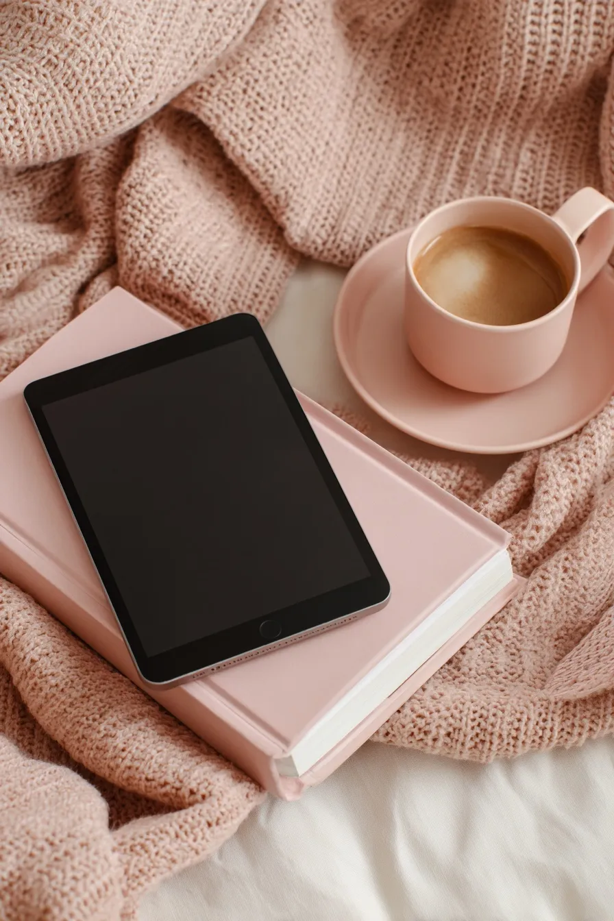 Minimalist flatlay with a coffee cup, digital tablet, and notebook on a clean workspace with soft pastel shadows.