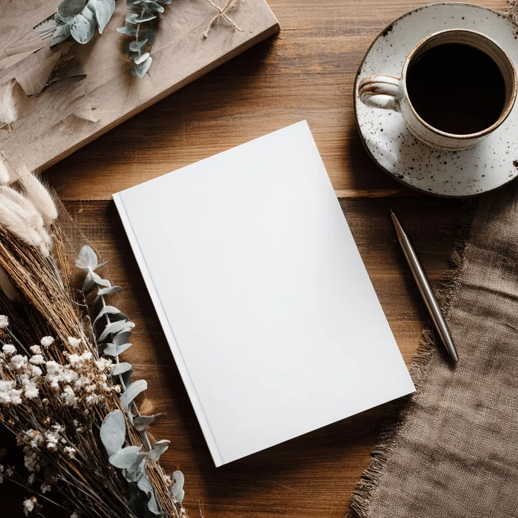 Overhead view of a blank white notebook, coffee, and pen on a boho witchy cottagecore desk.