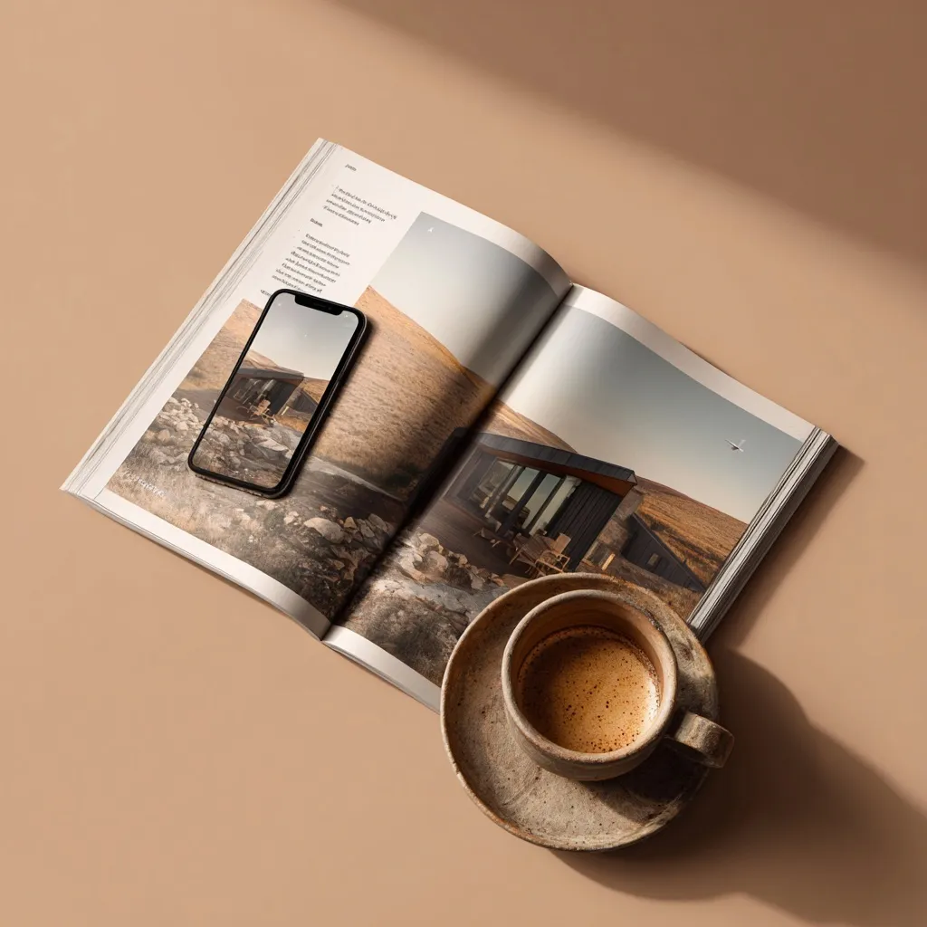 Flat lay of luxury travel magazine, smartphone, and handmade ceramic coffee cup on a transparent background.