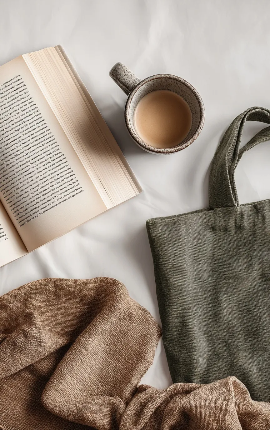 Flat lay of an open book, coffee mug, and green tote bag on a textured brown cloth against a white background.