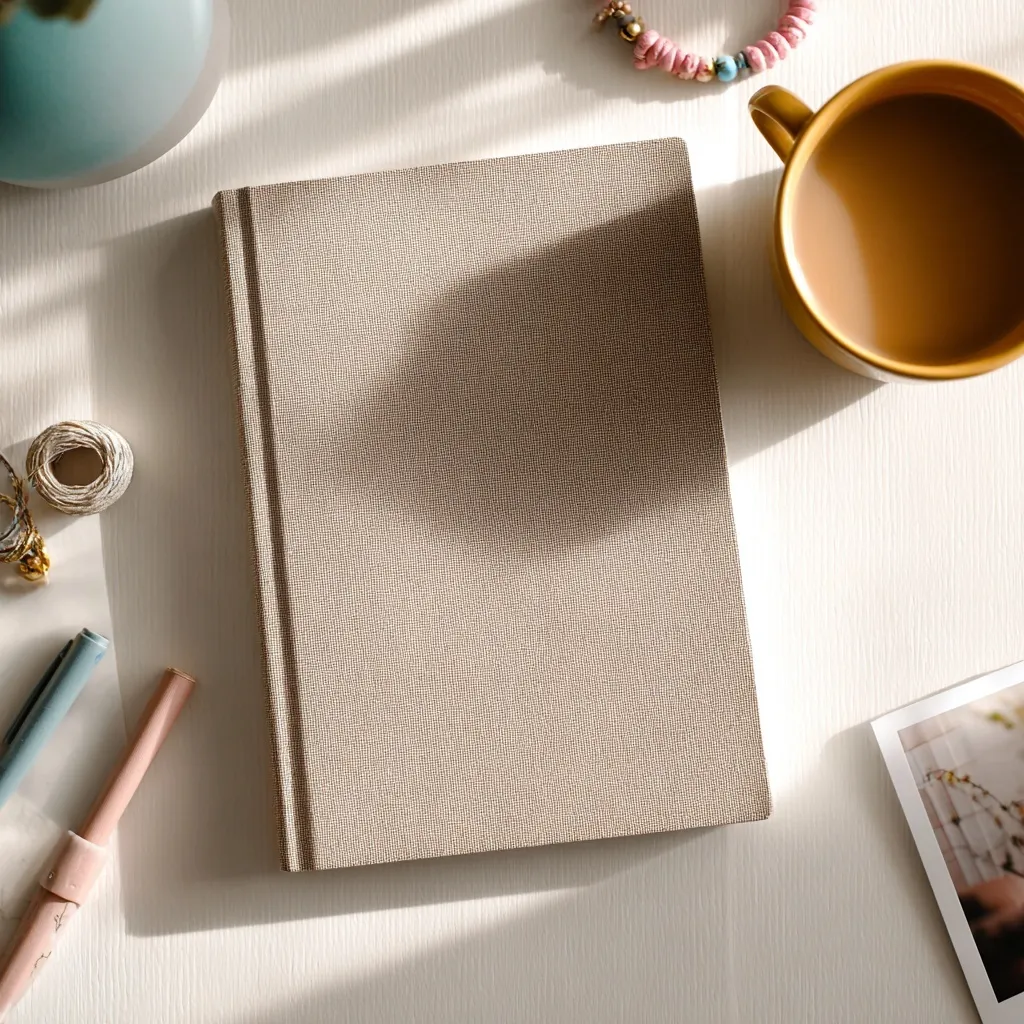 Flat lay of a closed notebook with friendship bands, coffee cup, and stationery in soft natural daylight.