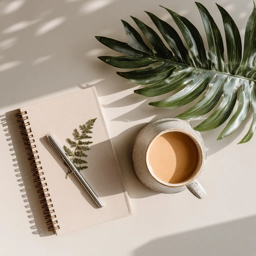 Aesthetic flat lay of a coffee mug, notepad, and plant on a clean desk with natural lighting.
