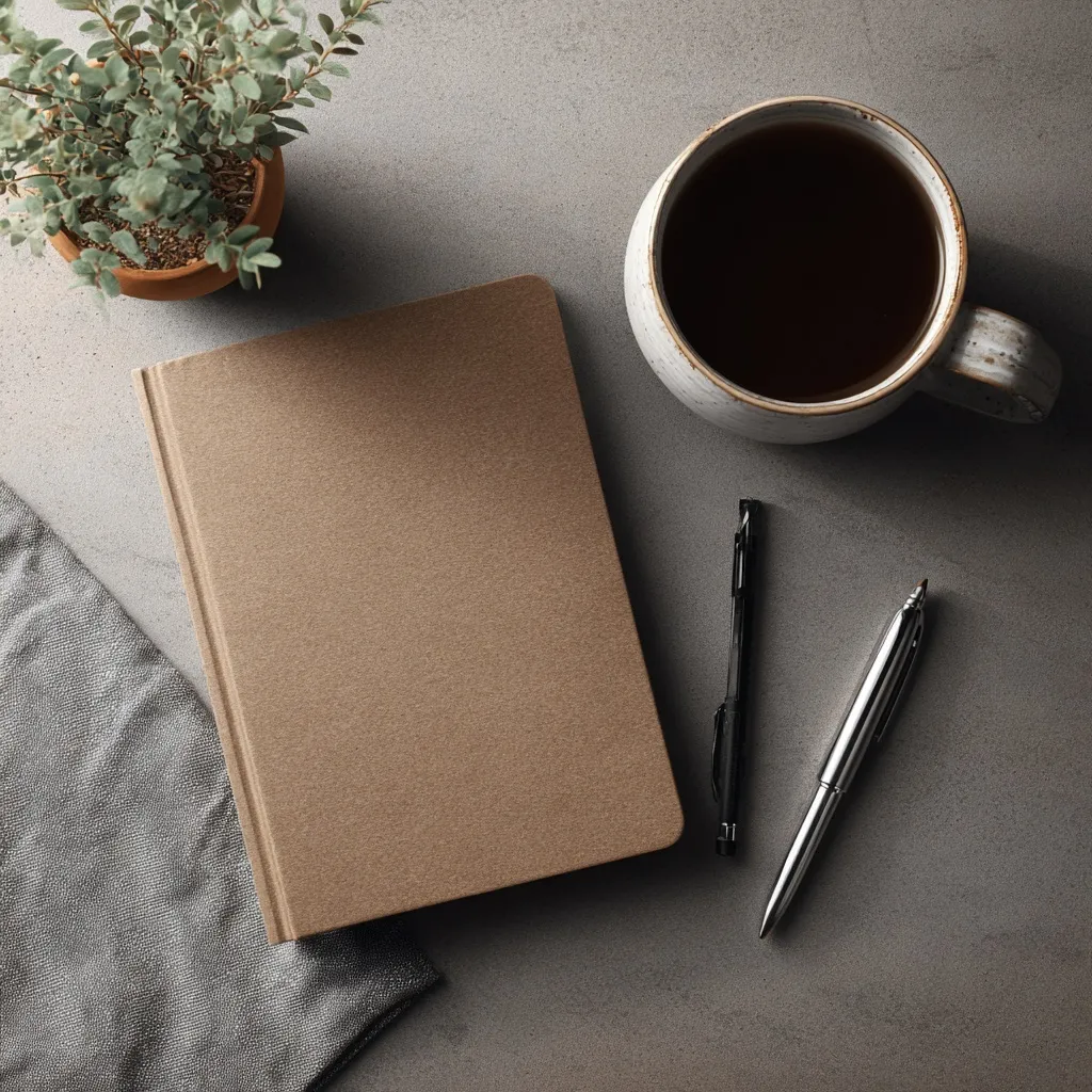 Top-down view of a coffee cup next to an open journal and blank stationery mockups on a wooden desk.