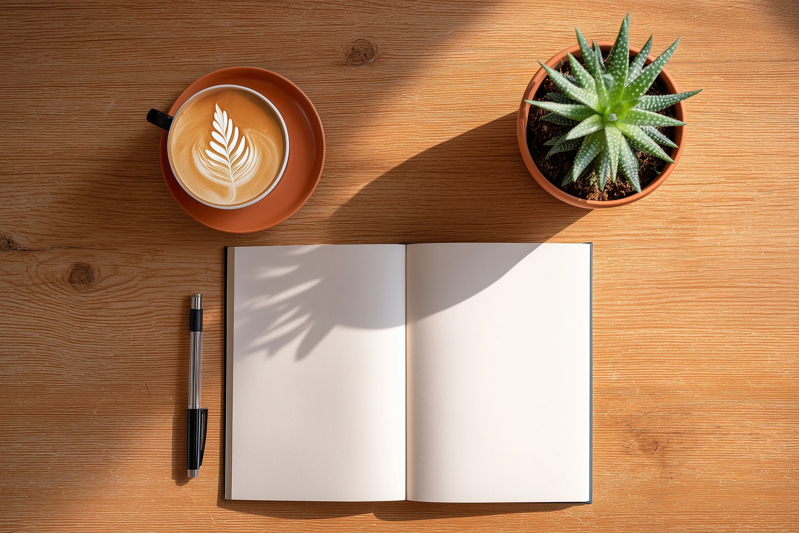 Flat lay of a notebook, coffee with latte art, and aloe vera on a wooden desk.