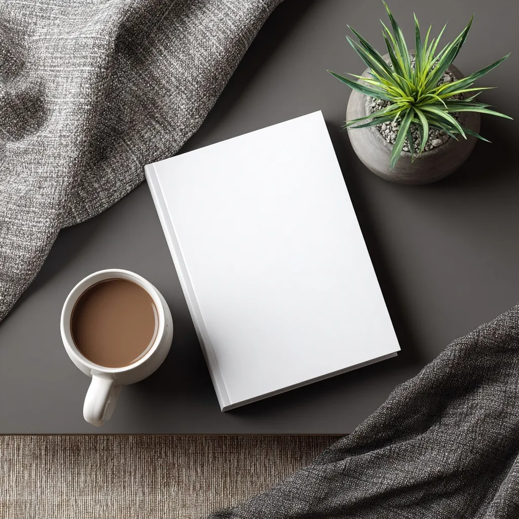 Flat lay of a blank book cover with a coffee mug and small houseplant on a coffee table, top view.
