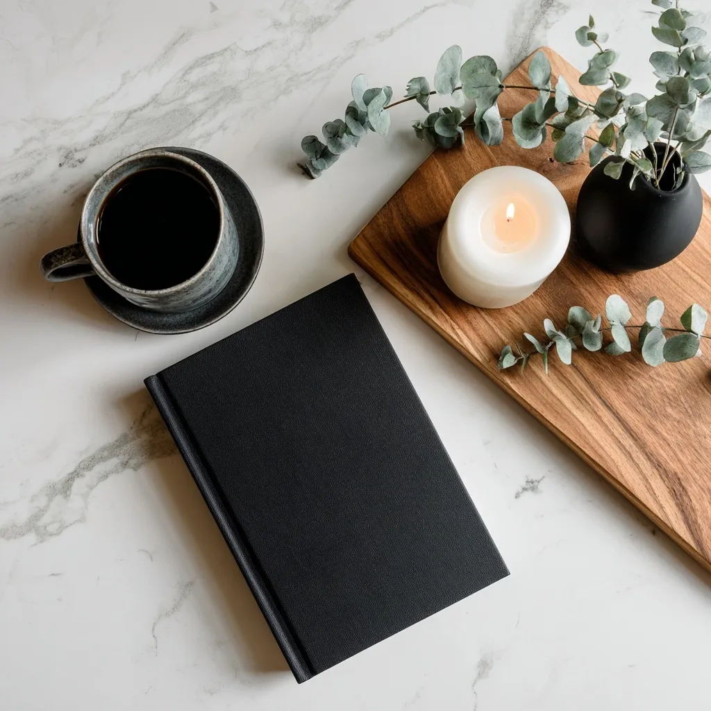 Flat lay of a hardcover book, black coffee, and eucalyptus vase on a white marble countertop.