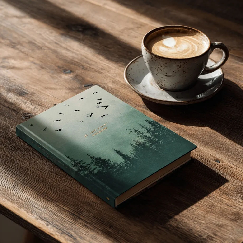 Top view of a notebook with dog paw design and a cappuccino on a dark wooden desk with sharp overhead lighting.
