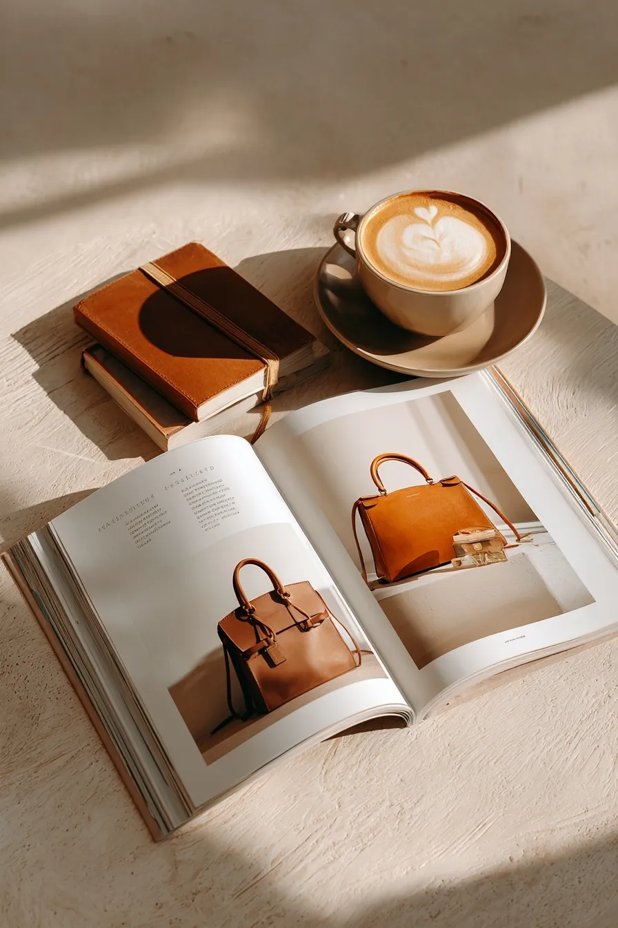 Flatlay of a latte, fashion magazine, and designer notebooks on a white table with natural sunlight.