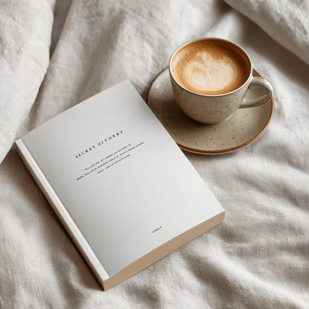 Top view of an open Secret History book and a latte in a cup on a white linen sheet with French cinematic aesthetic.