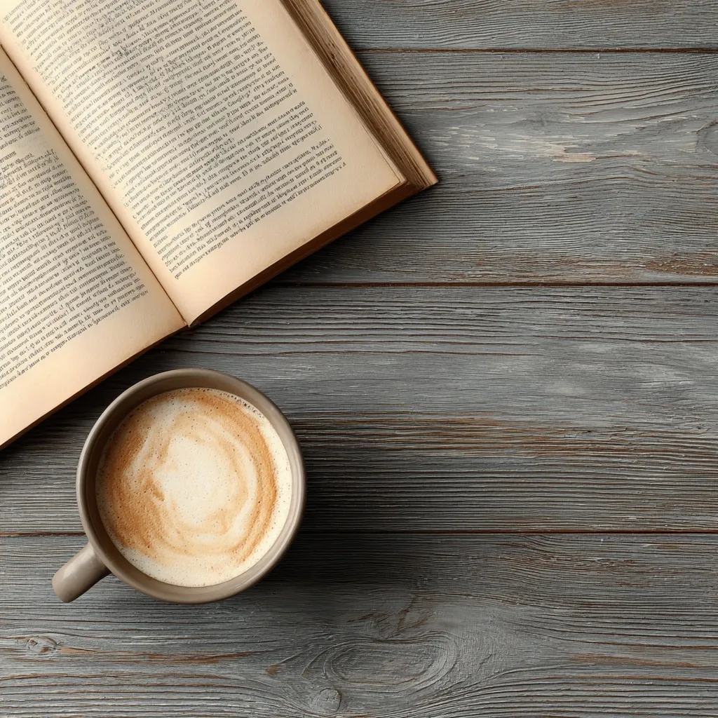 A top-down view of a latte and an open novel resting on a rustic wooden background.