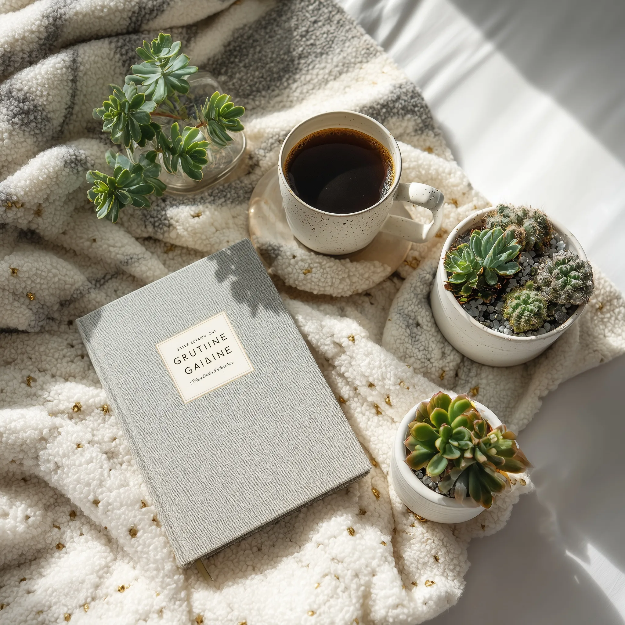 Top view flat lay of a gratitude journal, coffee cup, and green plants on a cozy desk with soft sunlight shadows.
