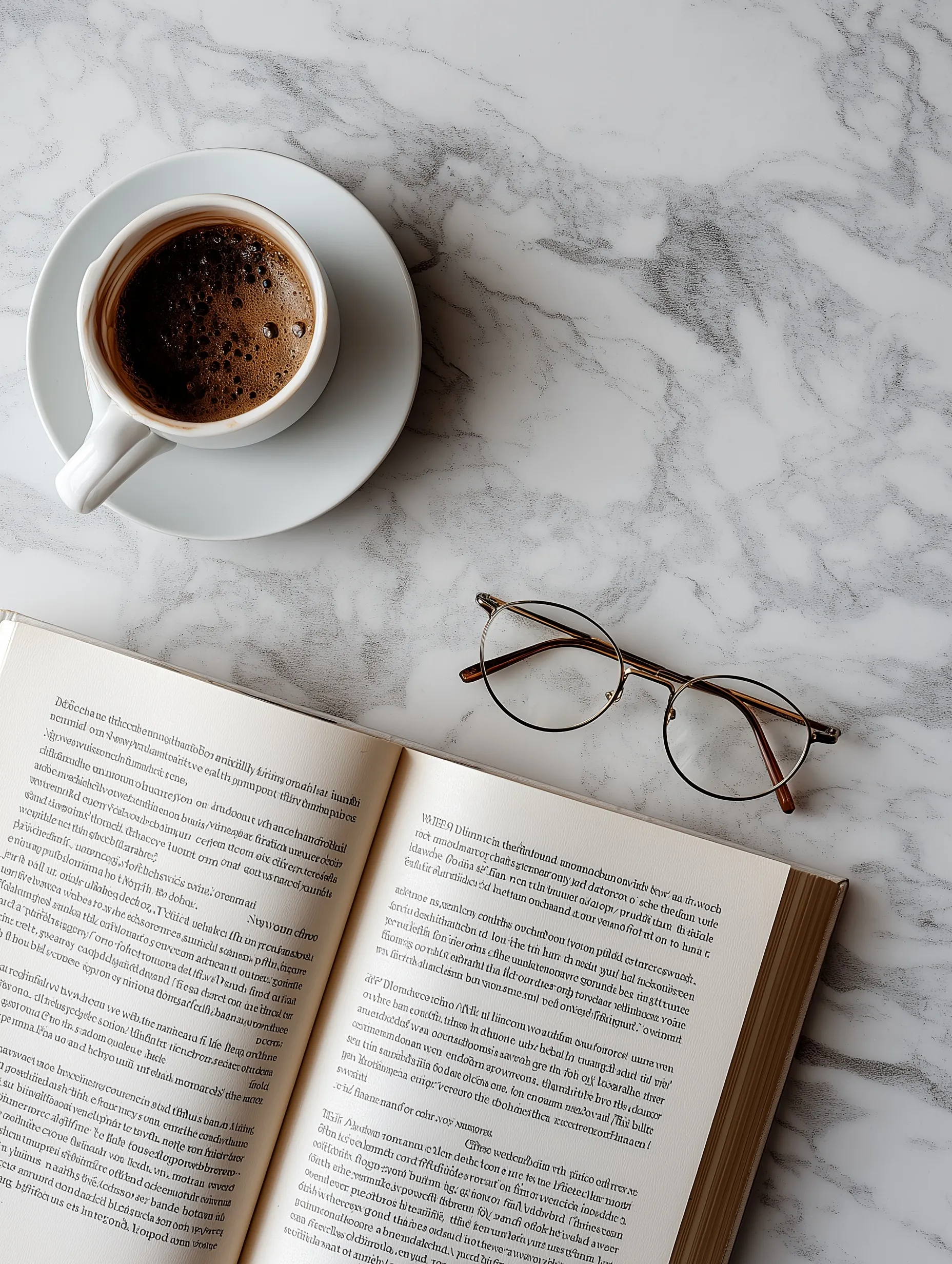 Overhead view of an open paperback book, coffee cup, and reading glasses on a white marble table.